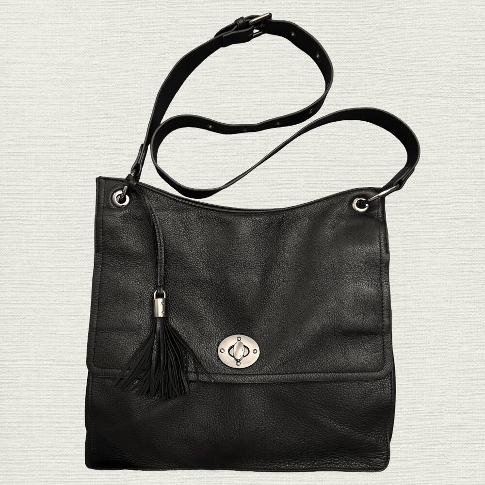 Clements Ribeiro black leather cross body purse with tassel charm